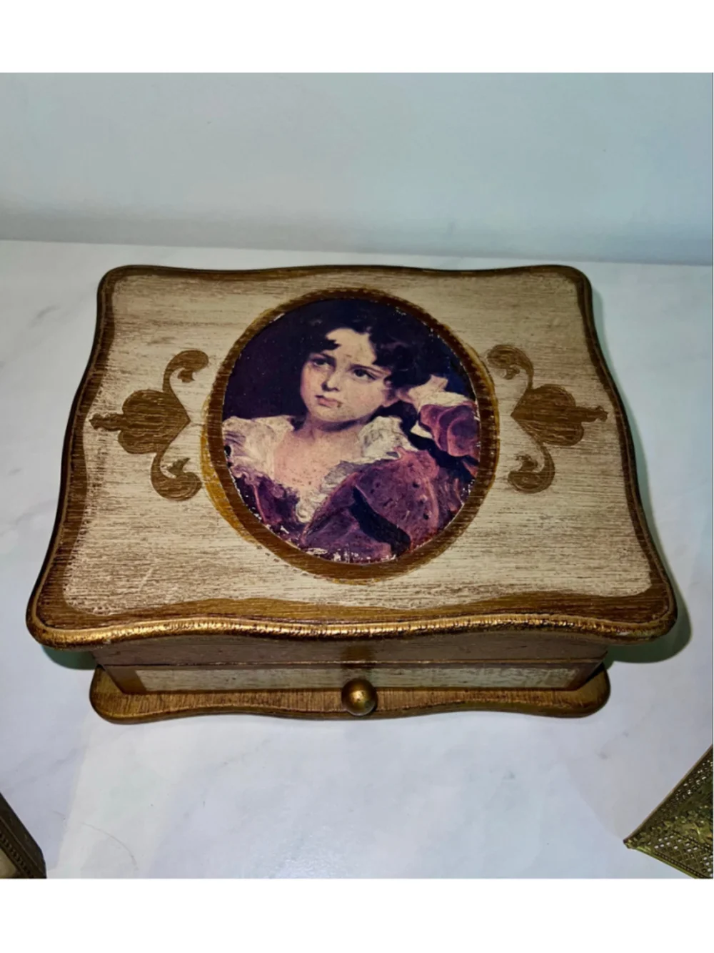 Romantic Vintage Jewelry Box with Portrait Lid Gothic